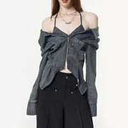 Slim denim topcoat with double-layer zipper - MRSLM