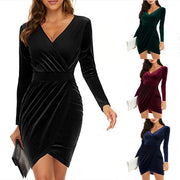 Women's velvet wrap mini dress with long sleeves - MRSLM