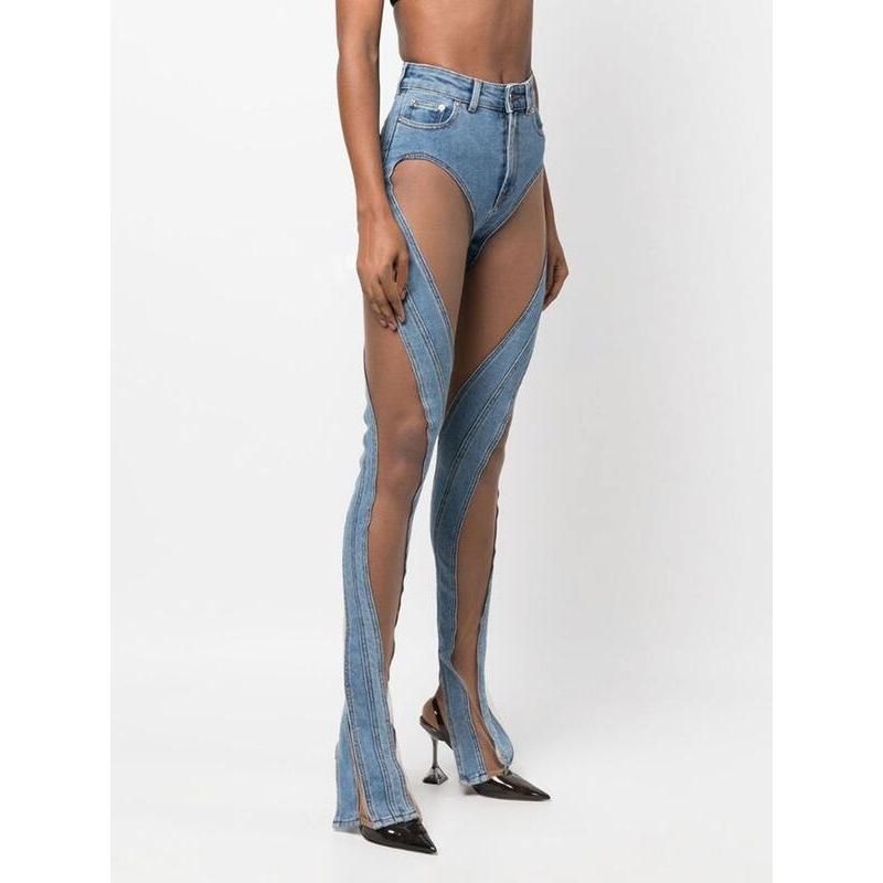 high waist mesh patchwork flare denim pants, view 3 - MRSLM