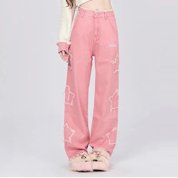 Women's Pink Vintage High-Waisted Wide Leg Jeans