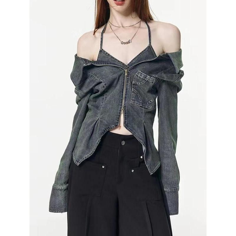 Slim denim topcoat with double-layer zipper, view 2 - MRSLM