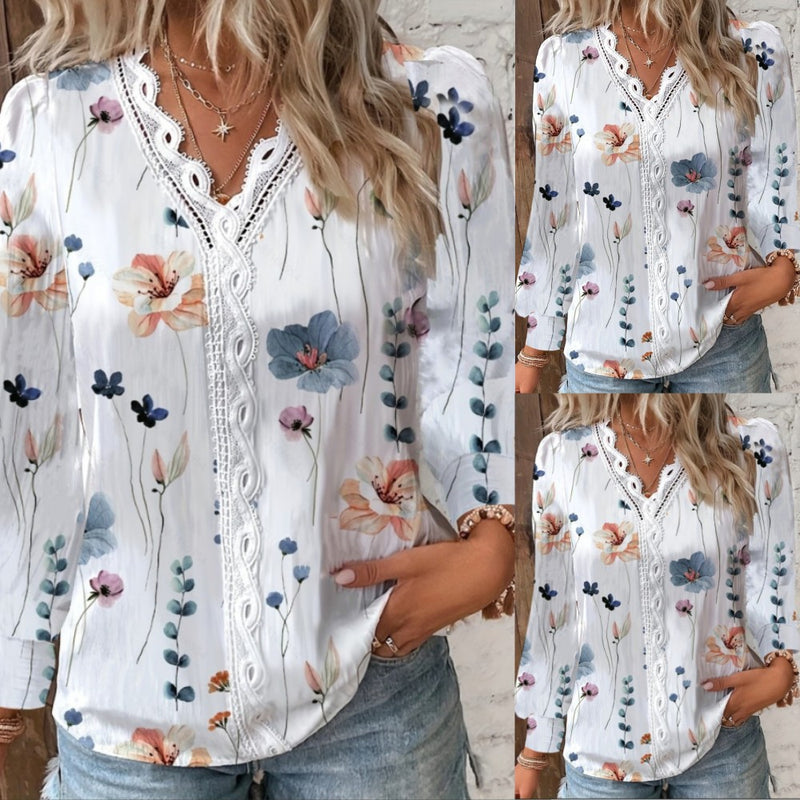 women's v-neck lace stitching long sleeve shirt - MRSLM