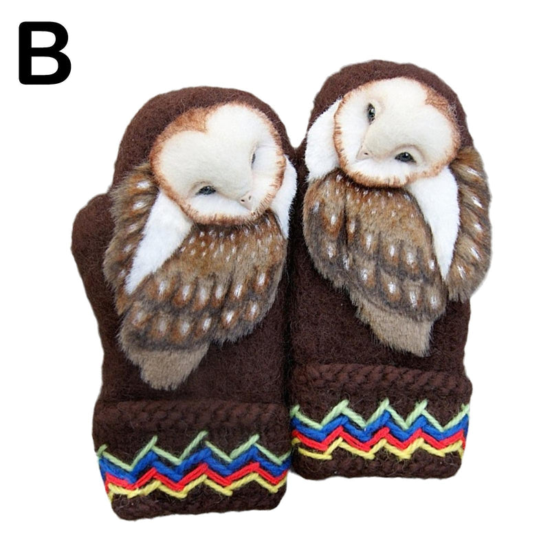 Knitted owl mittens for women, view 3 - MRSLM