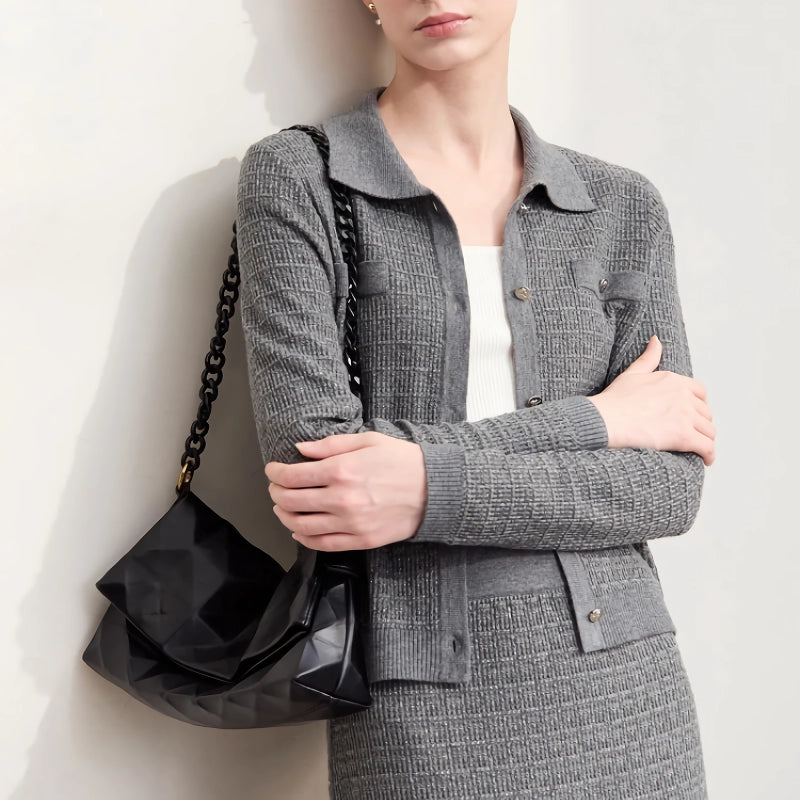 retro lapel woolen cardigan, view 6 - MRSLM