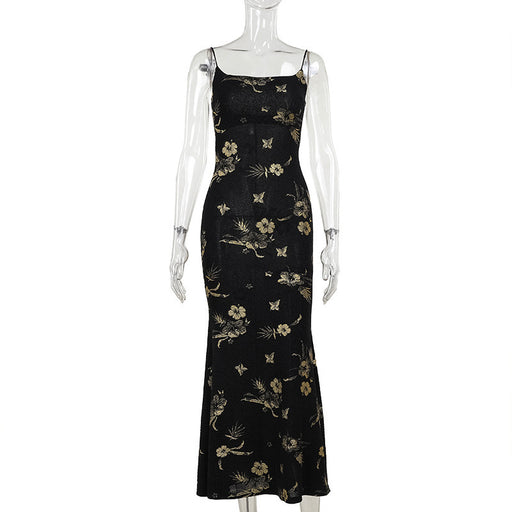 backless sling dress black gold floral, view 6 - MRSLM