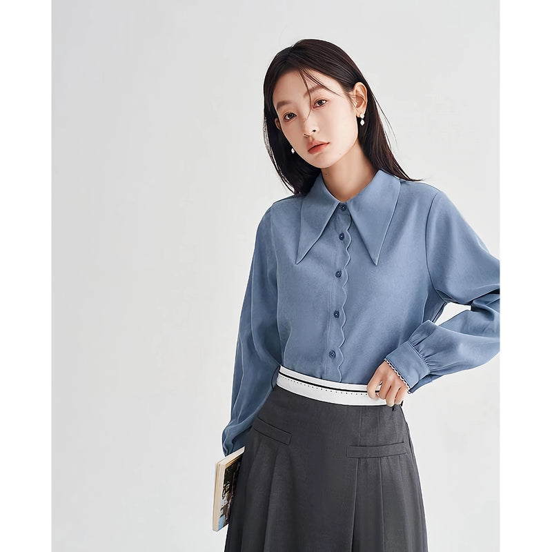 long sleeve polo neck blouse with petal cuffs, view 4 - MRSLM