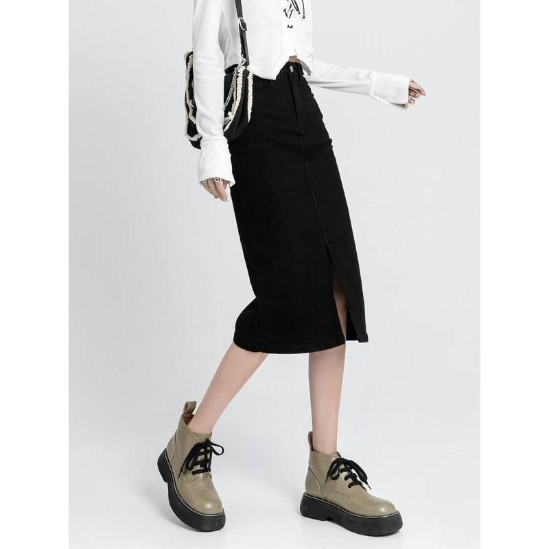 high waist denim pencil skirt, view 9 - MRSLM