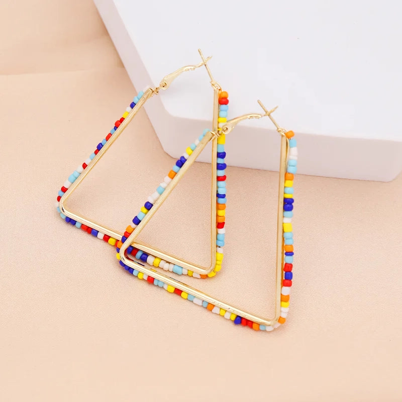 colorful beaded triangle hoop earrings, view 2 - MRSLM