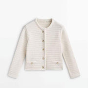 Women's gold buttons striped knitted coat, view 2 - MRSLM