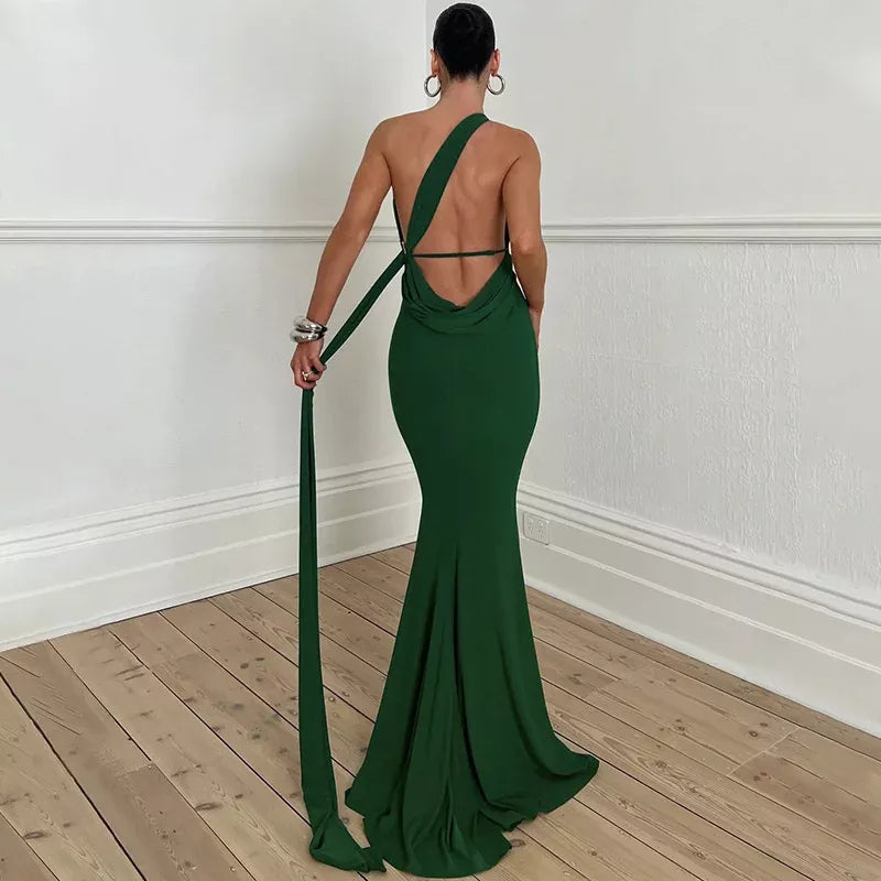 inclined shoulder maxi long dress, view 17 - MRSLM