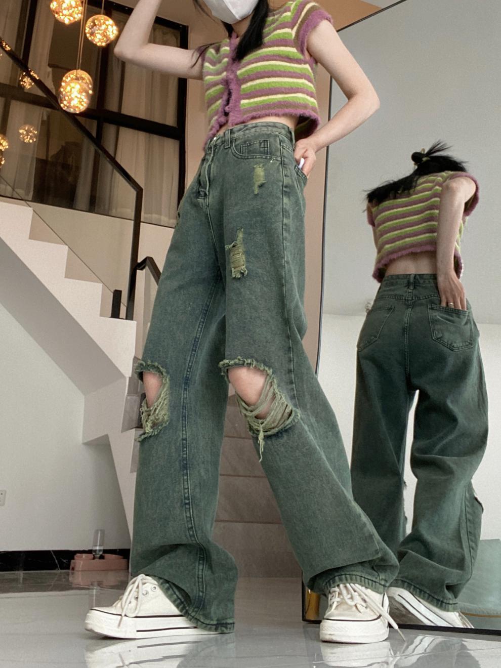 American Dark Green Torn Jeans With Wide Leg Pants For Women