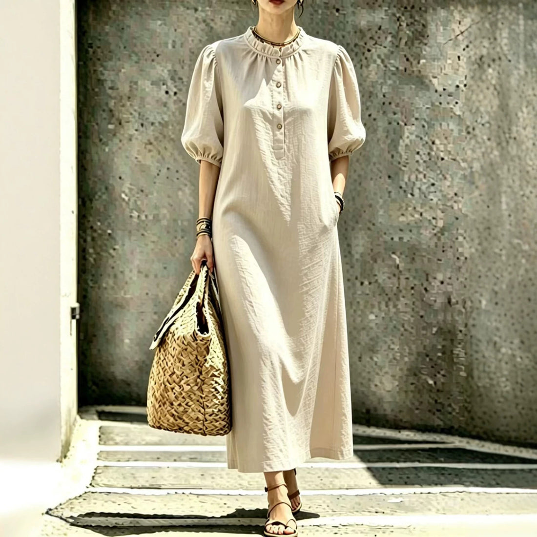 Women's Puff Sleeve Stand Collar Straight Dress