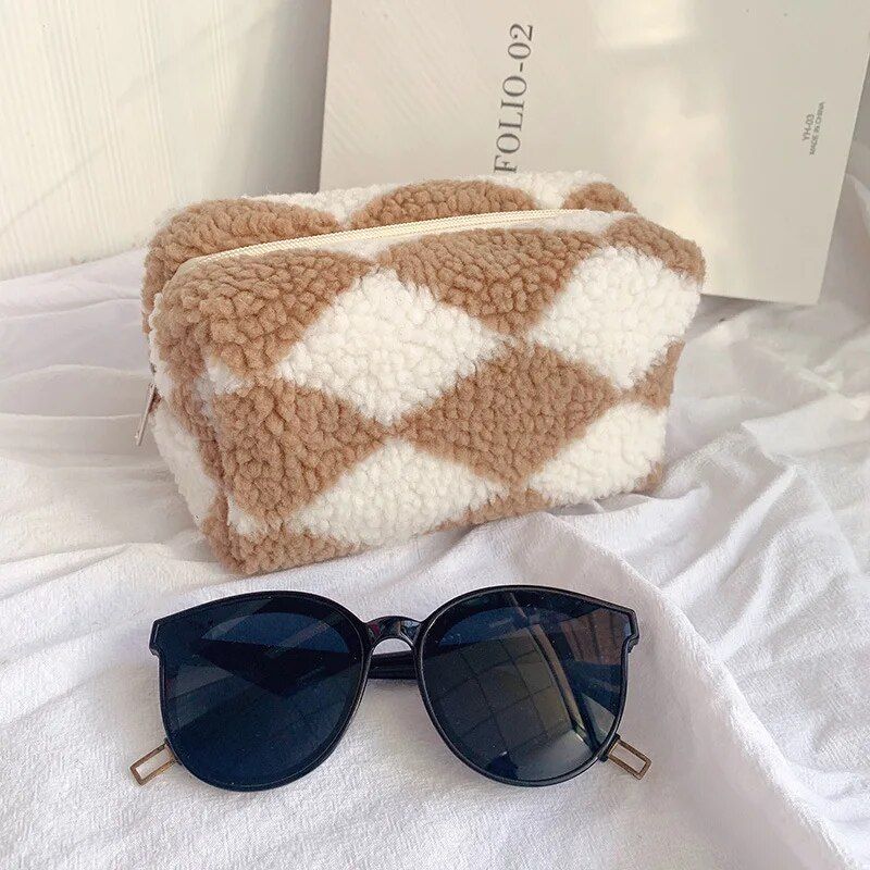 plush plaid barrel makeup bag, view 3 - MRSLM