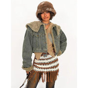 Women's vintage denim lambhair jacket, view 2 - MRSLM
