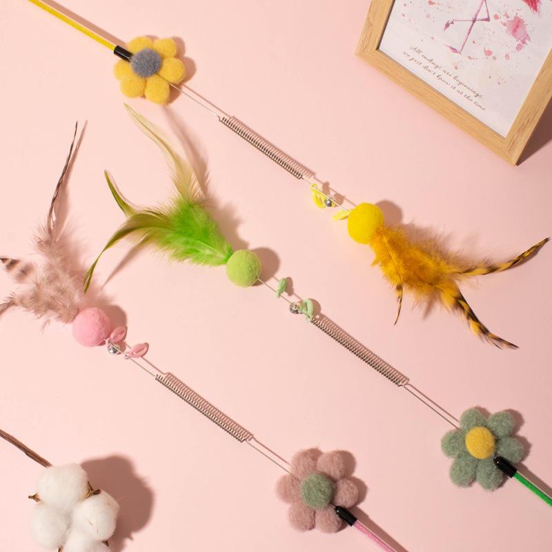 cat teaser toy with furry ball, feathers and bell, view 3 - MRSLM