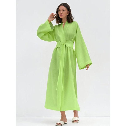 cotton blend long dress with belt, view 2 - MRSLM