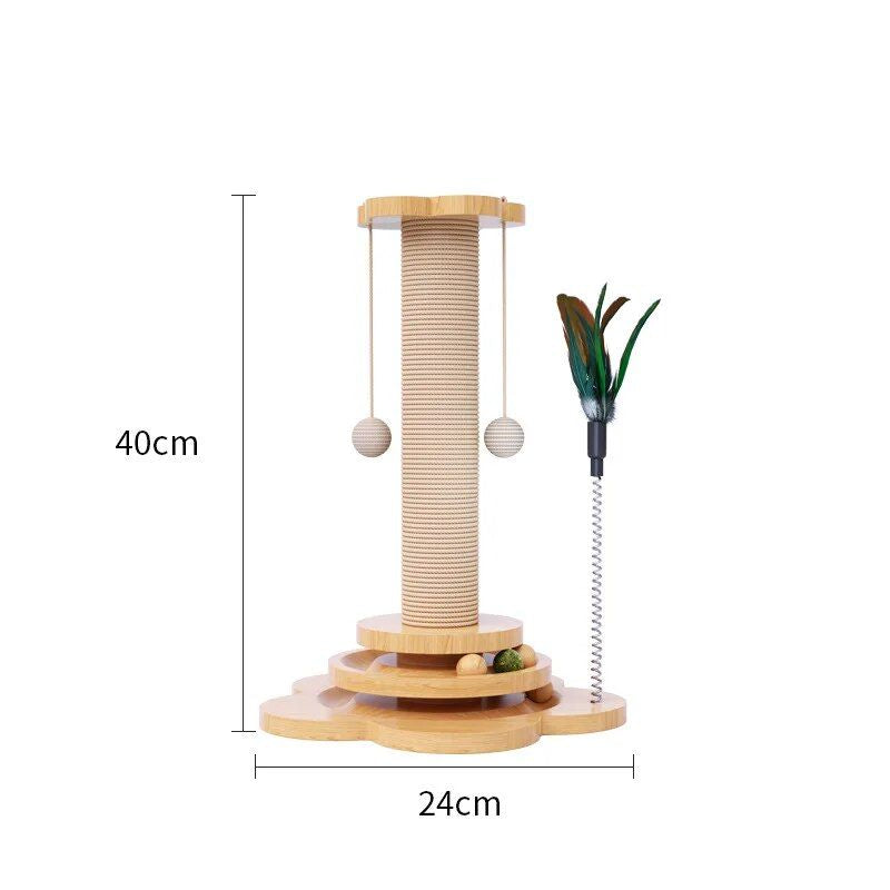 two-tier wooden cat scratching tower, view 3 - MRSLM