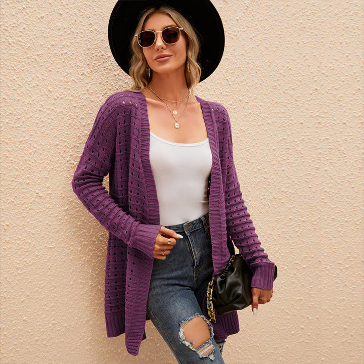 Women's Solid Color Hollow-out Knitted Cardigan Loose Sweater Coat