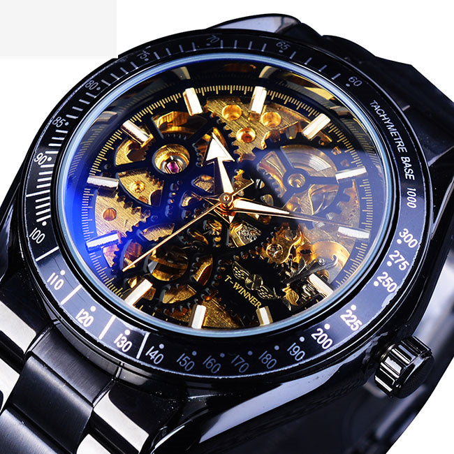 Men's Fashion Casual Steel Band Skeleton Mechanical Watch