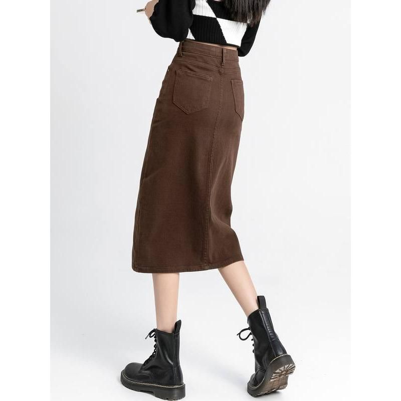 high waist denim pencil skirt, view 7 - MRSLM