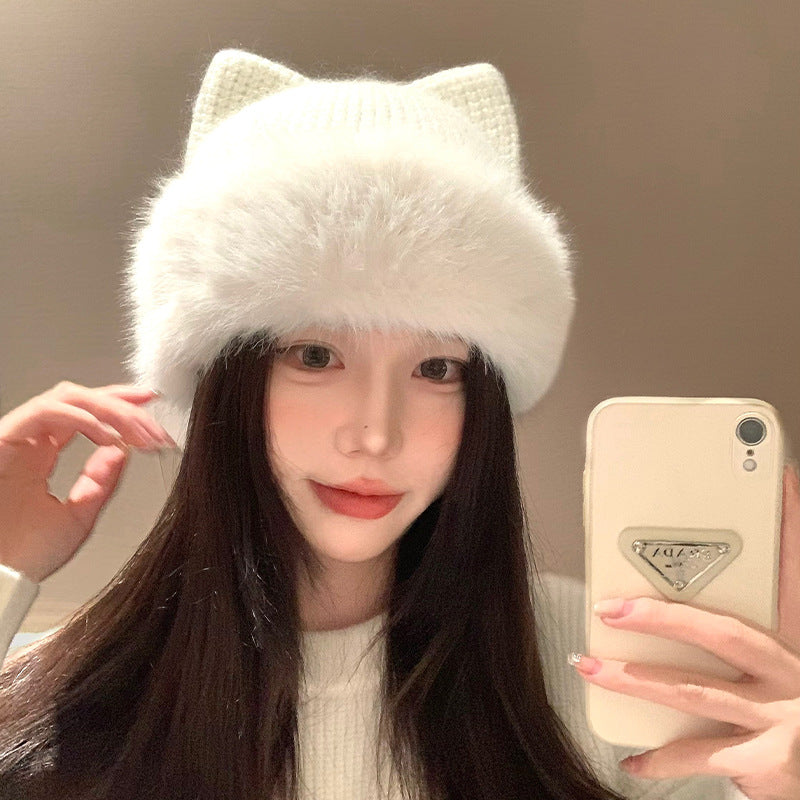 Cute Cat-Ear Knitted Cotton Hat For Women In Winter