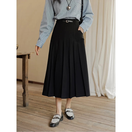 High waist pleated A-line skirt with belt, view 2 - MRSLM