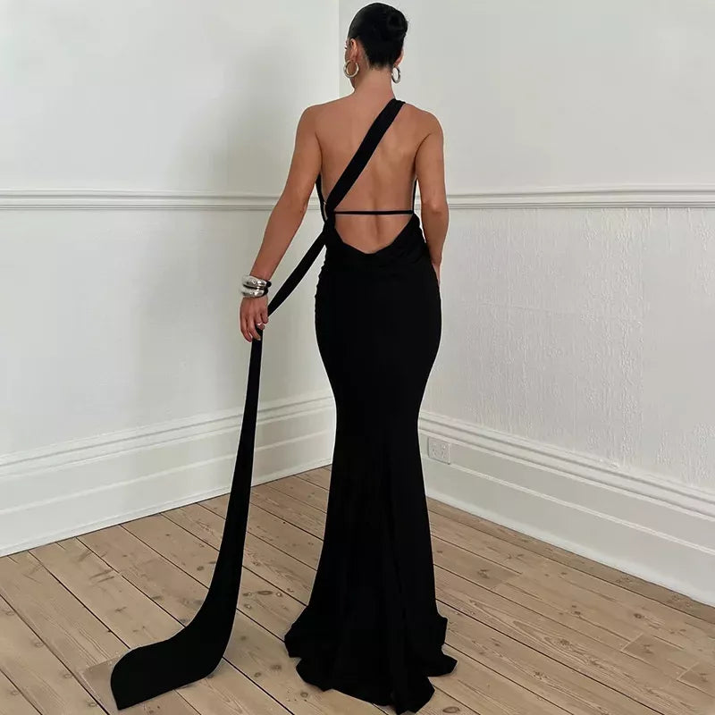 inclined shoulder maxi long dress, view 14 - MRSLM