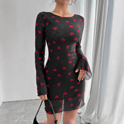 heart print flare sleeve backless mesh dress, view 4 - MRSLM