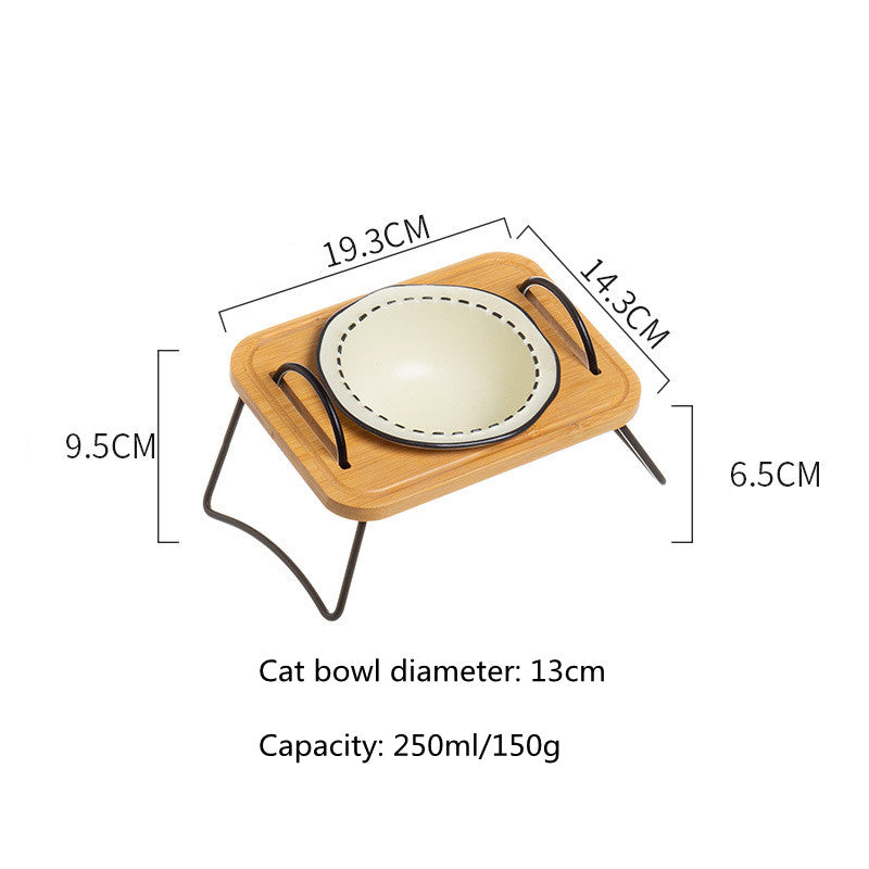 ceramic dog and cat bowl with wood stand, view 3 - MRSLM