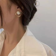 gold simulated pearl stud earrings, view 6 - MRSLM