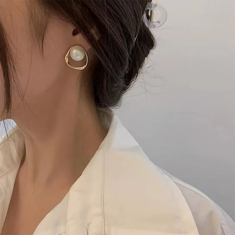 gold simulated pearl stud earrings, view 6 - MRSLM