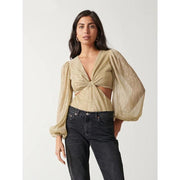 gold pleated V-neck blouse, view 2 - MRSLM