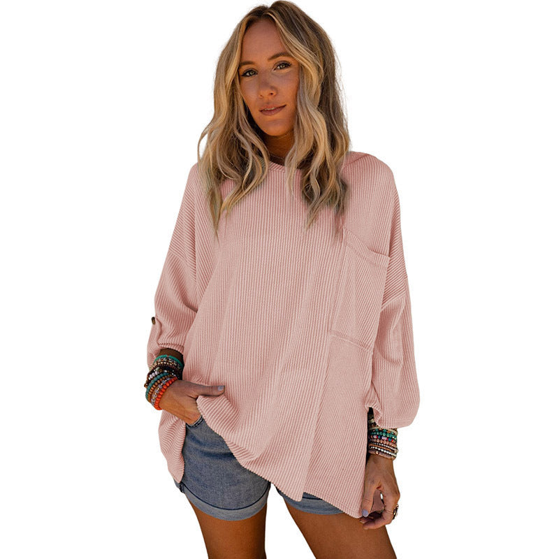 loose pocket ribbed long sleeve sweater, view 6 - MRSLM