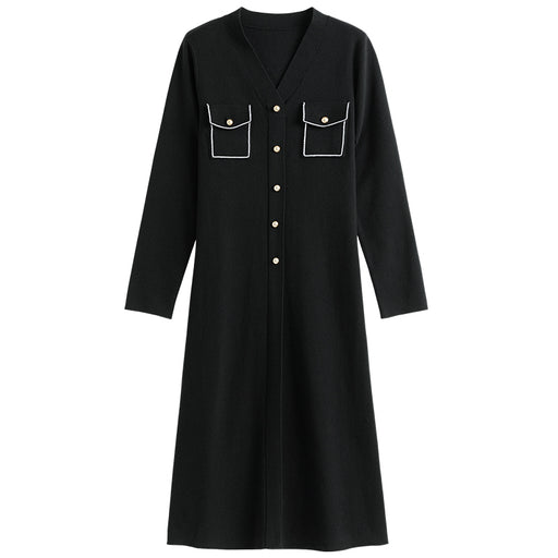 black v-neck knitted a-line dress, view 2 - MRSLM