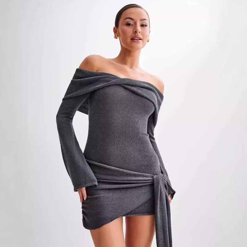 off-shoulder tied sweater dress, view 3 - MRSLM