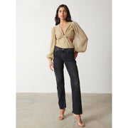 gold pleated V-neck blouse, view 5 - MRSLM