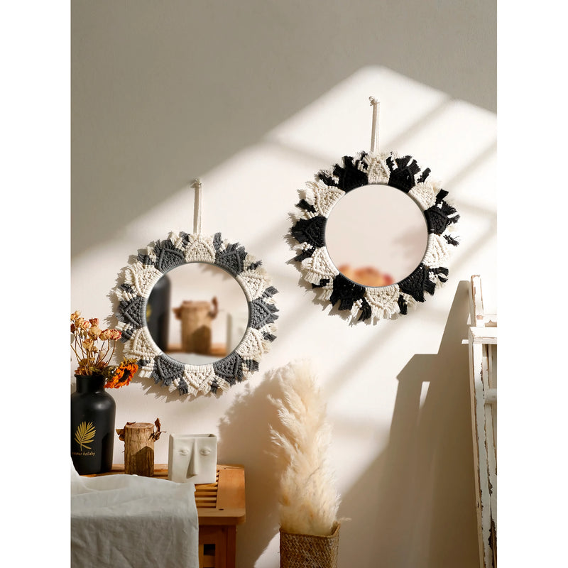 boho macrame round wall mirror, view 4 - MRSLM
