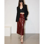 reflective pu leather midi skirt, view 5 - MRSLM