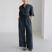Short sleeve linen jumpsuit with wide pants - MRSLM