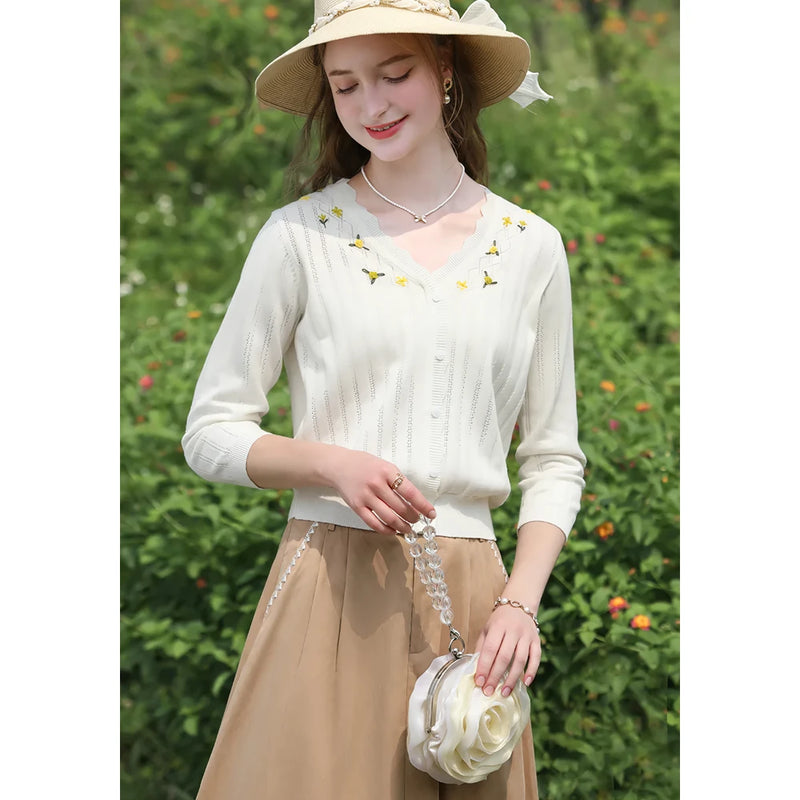 vintage V-neck embroidered knit sweater, view 7 - MRSLM
