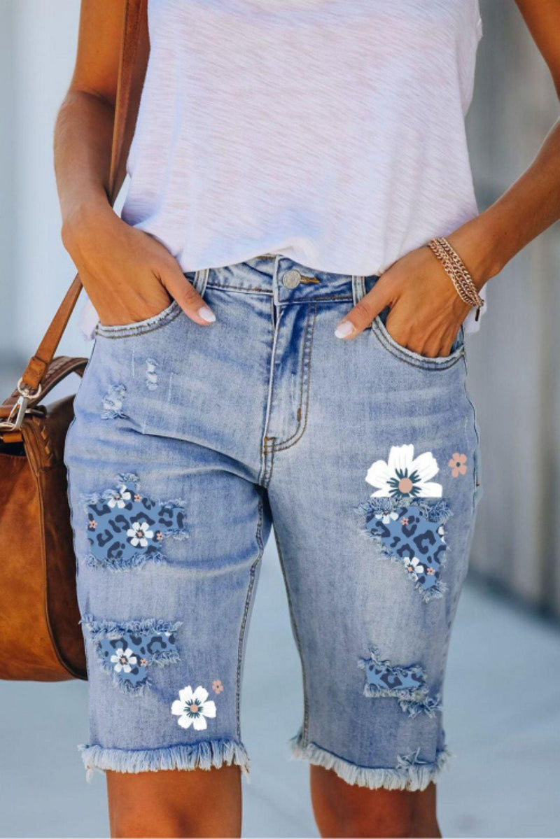 women's ripped print denim shorts, view 10 - MRSLM