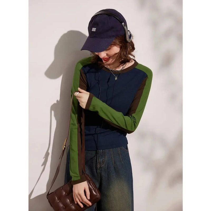 long sleeve round neck contrast color top, view 6 - MRSLM
