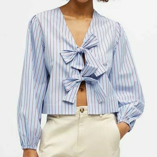striped lace-up v-neck blouse - MRSLM