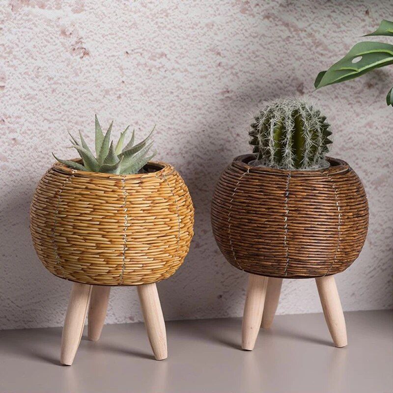 Elegant Nordic-Style Woven Plant Stand with Wooden Legs