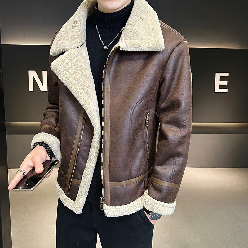 Fur Integrated Motorcycle Jacket Men's Fleece-lined Thickened Jacket