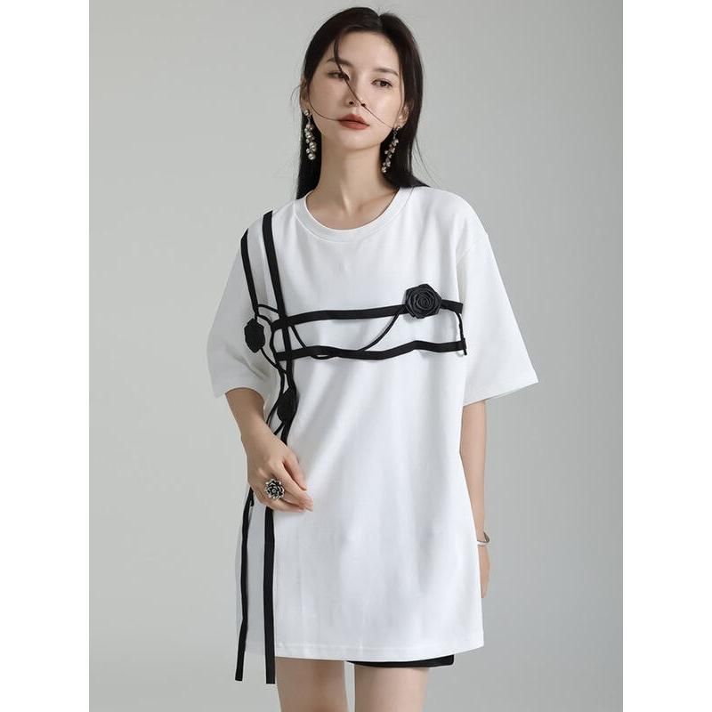 black and white floral half-sleeve T-shirt, view 9 - MRSLM