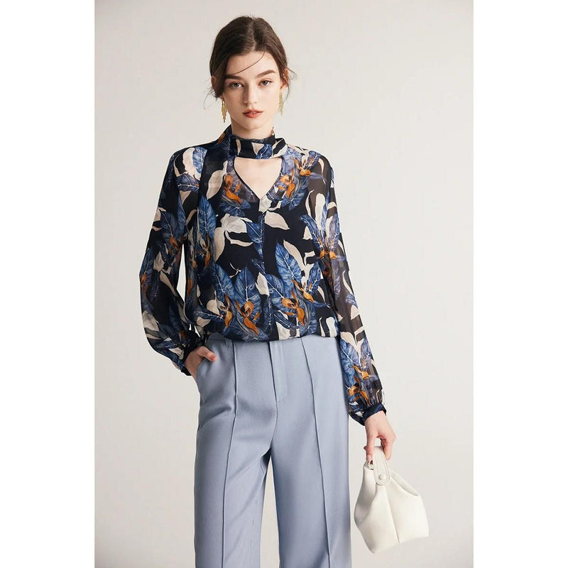 Silk-blend bow collar blouse, view 4 - MRSLM