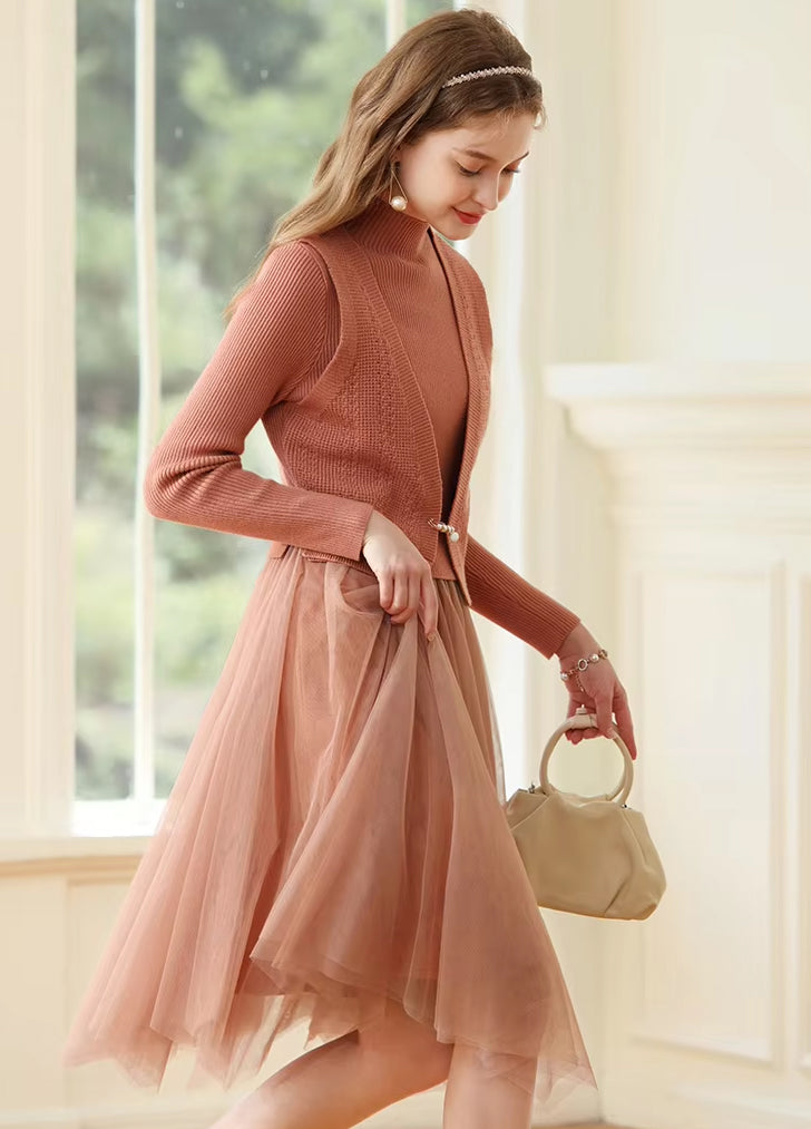 knitted turtleneck A-line dress, view 3 - MRSLM