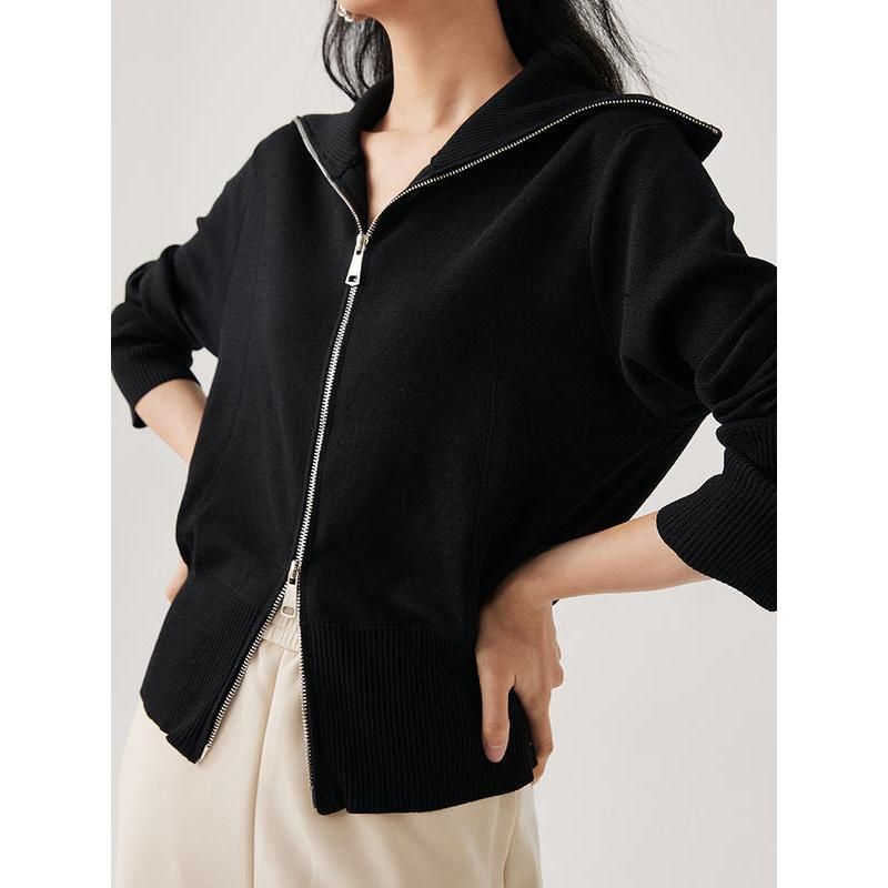 black silk-cotton blend cardigan with zipper, view 6 - MRSLM