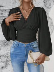 V-neck pleated long sleeve top, view 7 - MRSLM